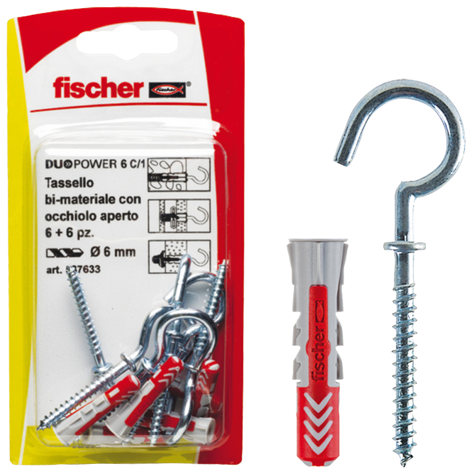 fischer Tasselli DUOPOWER 6 C/1 K in blister con occhiolo aperto (6 Pz.) Fissaggio con accessorio DuoPower 6 C/.. K in blister (in foto con occhiolo aperto).