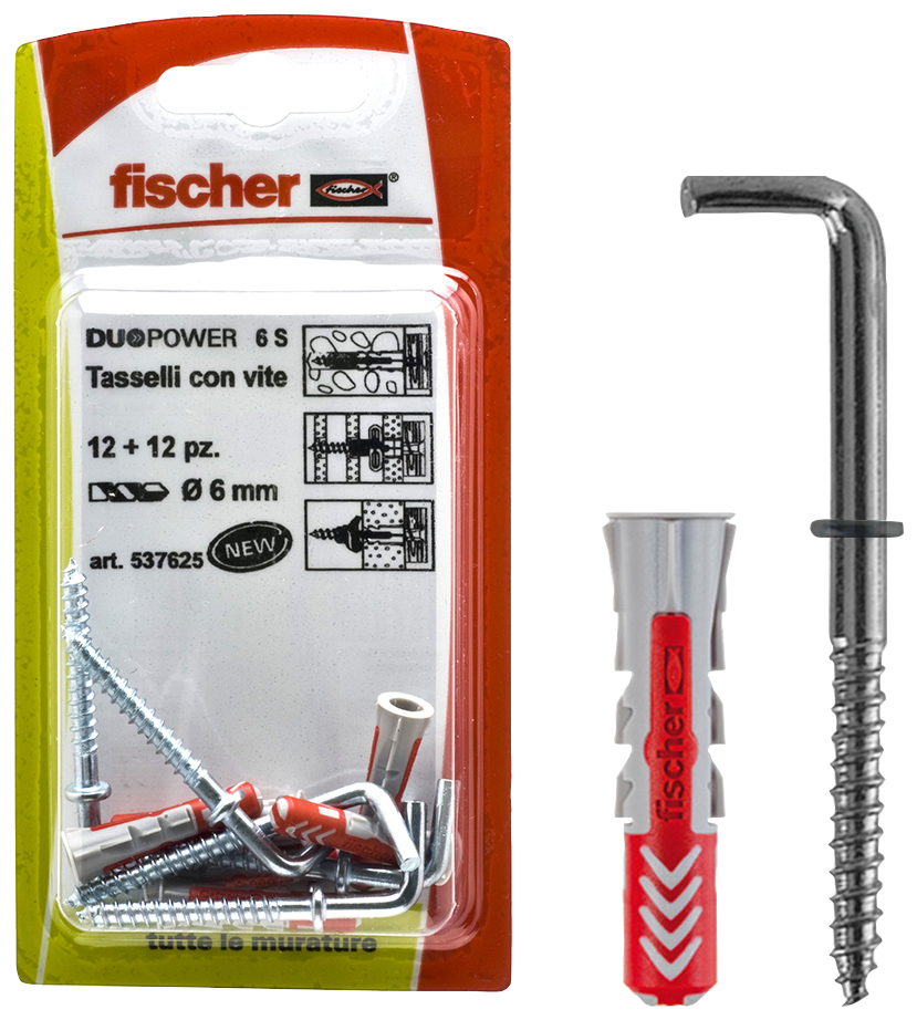 fischer Tasselli DUOPOWER 6 C/8 K in blister con gancio corto (6 Pz.) Fissaggio con accessorio DuoPower 6 C/.. K in blister (in foto con occhiolo aperto).