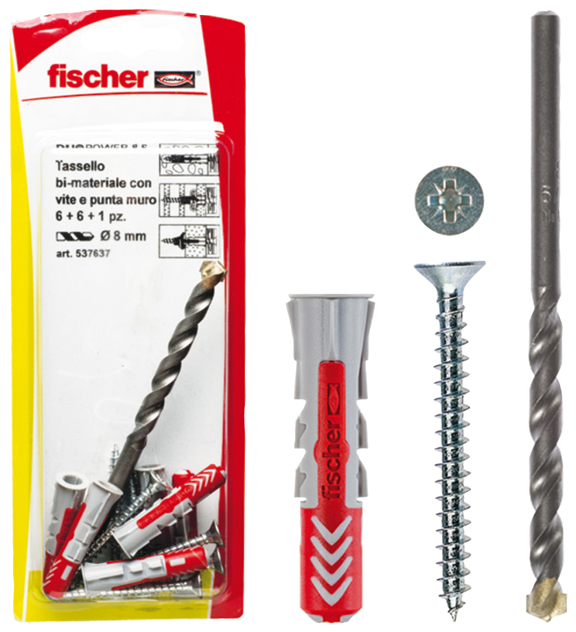 fischer Tasselli DUOPOWER W100 5 K in blister con vite e punta (12 Pz.) Fissaggio con vite e punta per muratura DuoPower S W100 K in blister.