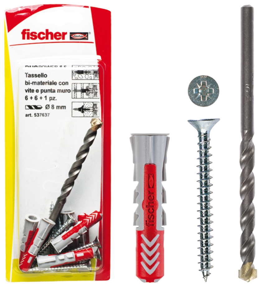 fischer Tasselli DUOPOWER W100 8 K in blister con vite e punta (6 Pz.) Fissaggio con vite e punta per muratura DuoPower S W100 K in blister.