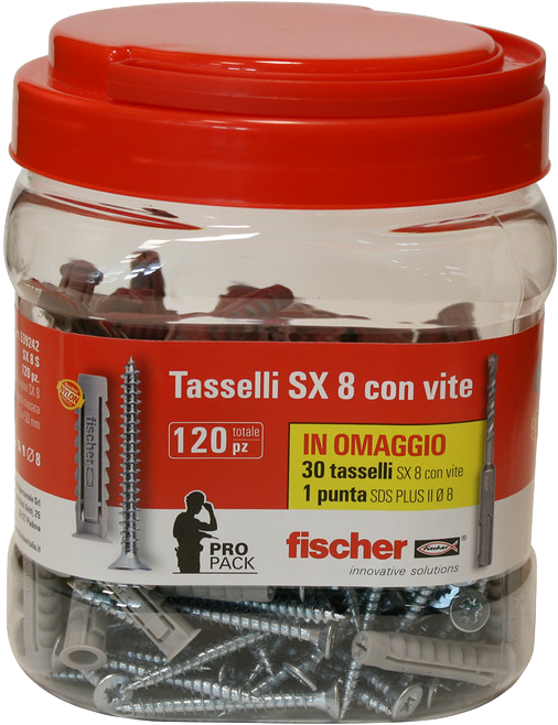 fischer Propack SX 8 S barattolo 120 tasselli con vite + Punta SDS (1 Pz.) fie3120.