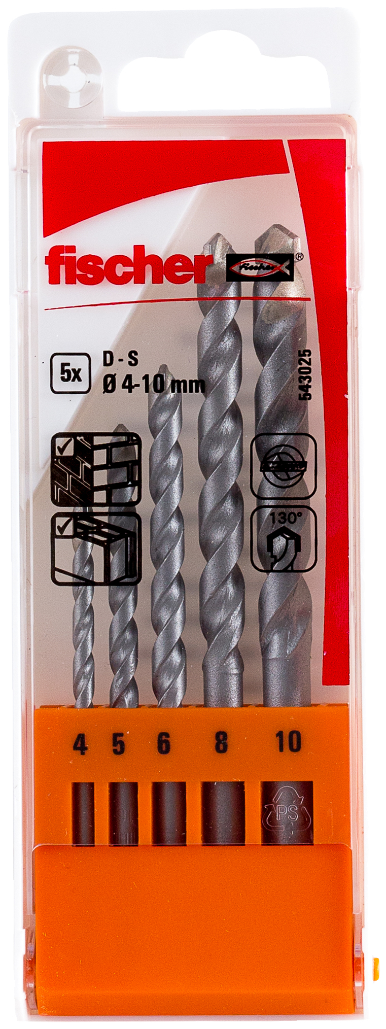 fischer Set di 5 punte trapano per muro PMN (4-10mm) (5 Pz.) Punta D-S cilindrica in acciaio per muratura con punta al carburo.