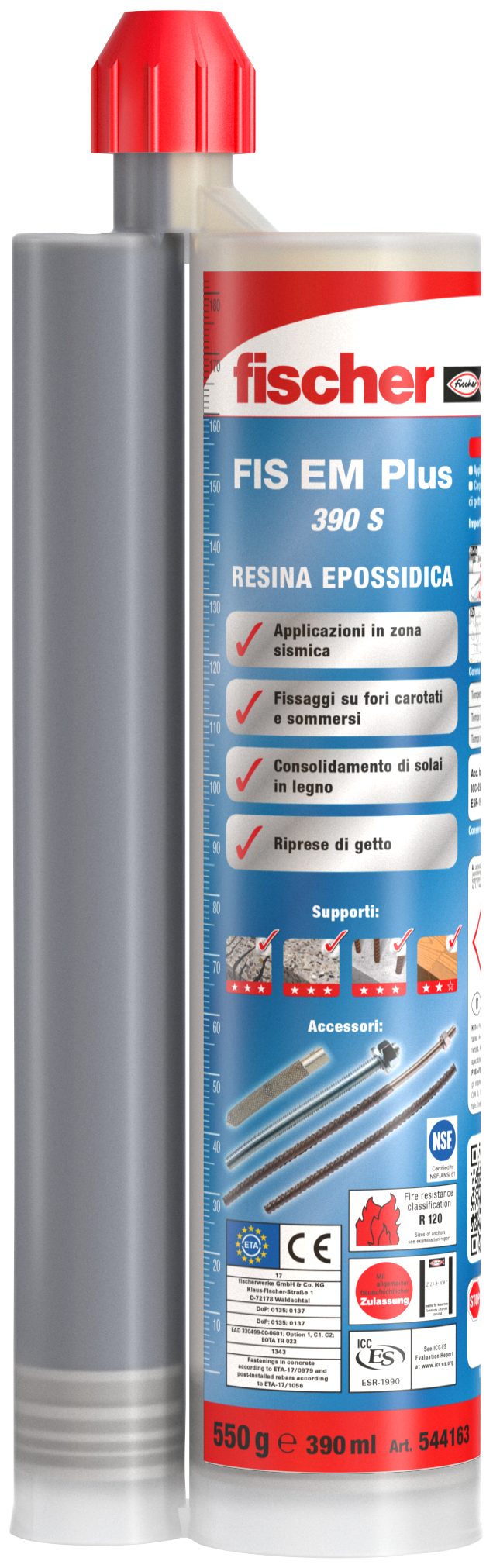 fischer Ancorante Chimico FIS EM Plus 390 S Resina Epossidica (1 Pz.) La resina epossidica ad alte prestazioni per ferri da ripresa, riprese di getto e ancoraggi strutturali pesanti con richiesta di categoria di prestazione sismica C1 e C2 con vita utile in esercizio certificata fino a 100 anni..