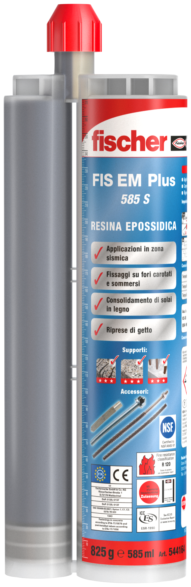 fischer Ancorante Chimico FIS EM Plus 585 S Resina Epossidica (1 Pz.) La resina epossidica ad alte prestazioni per ferri da ripresa, riprese di getto e ancoraggi strutturali pesanti con richiesta di categoria di prestazione sismica C1 e C2 con vita utile in esercizio certificata fino a 100 anni..
