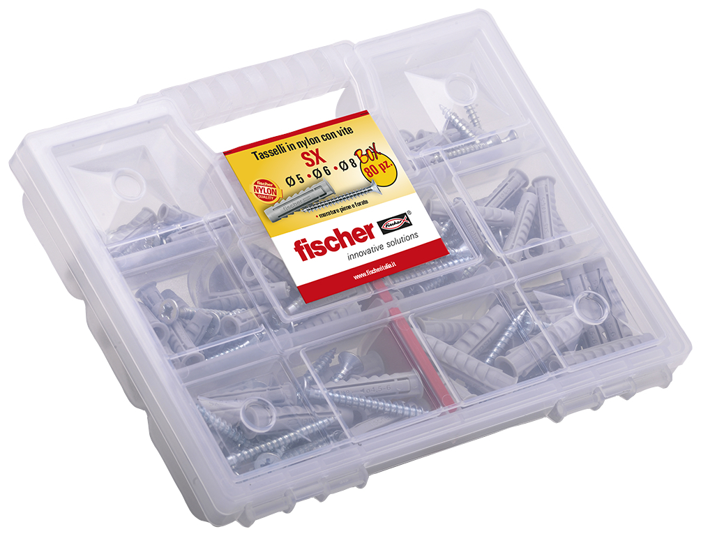 fischer Valigetta SX KIT 80 tasselli con vite (80 Pz.) Assortimenti dei fissaggi pi utilizzati in una pratica scatola trasparente che assicura il miglior rapporto prezzo / prestazioni. fie3292