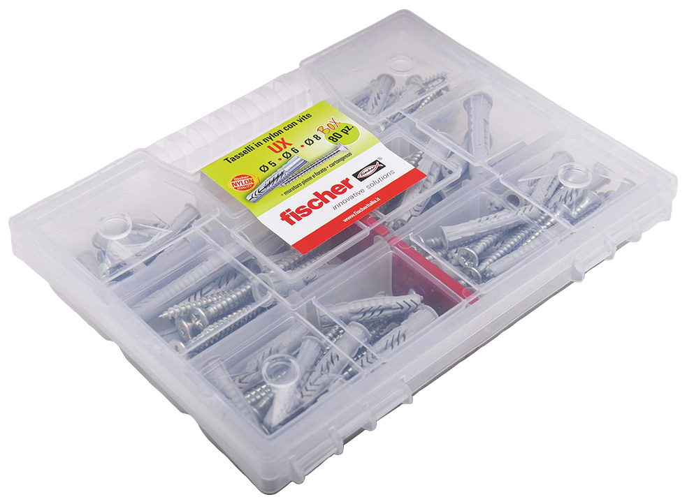 fischer Valigetta UX KIT 80 Tasselli con vite (80 Pz.) Assortimenti dei fissaggi pi utilizzati in una pratica scatola trasparente che assicura il miglior rapporto prezzo / prestazioni..