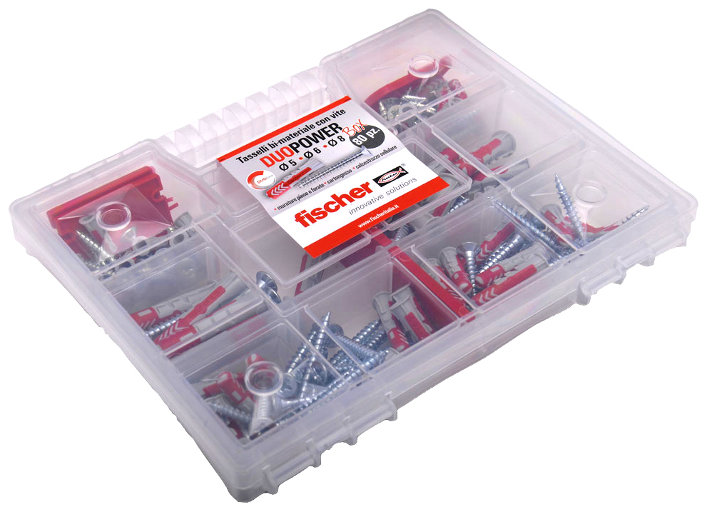fischer DUOPOWER KIT Valigetta tasselli con vite (80 Pz.) Assortimenti dei fissaggi pi utilizzati in una pratica scatola trasparente che assicura il miglior rapporto prezzo / prestazioni..