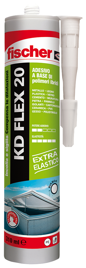 fischer Adesivo sigillante KD FLEX 20 flessibile Bianco (1 Pz.) Il sigillante adesivo a basso modulo a base di polimeri ibridi per giunti altamente flessibili. Prodotto conforme alla UNI 11673. fie3321