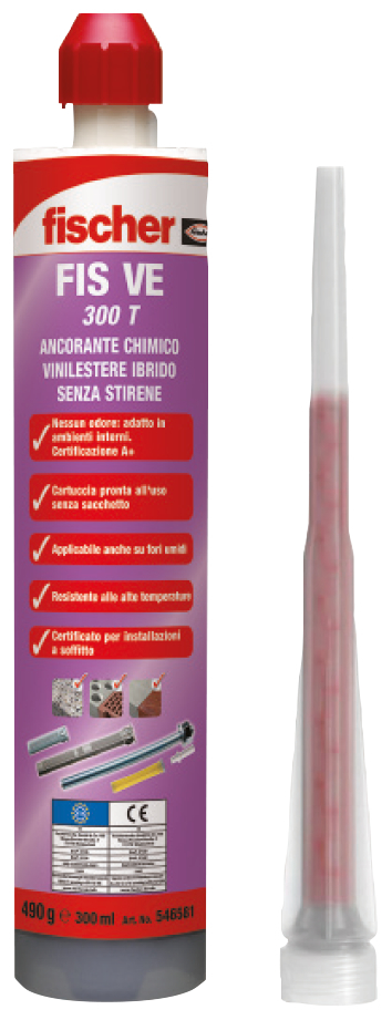 fischer Ancorante Chimico FIS VE 300 T Resina vinilestere ibrido senza stirene (1 Pz.) Resina a iniezione in vinilestere ibrido senza stirene certificata per ancoraggi in calcestruzzo non fessurato e muratura per carichi medio-pesanti.