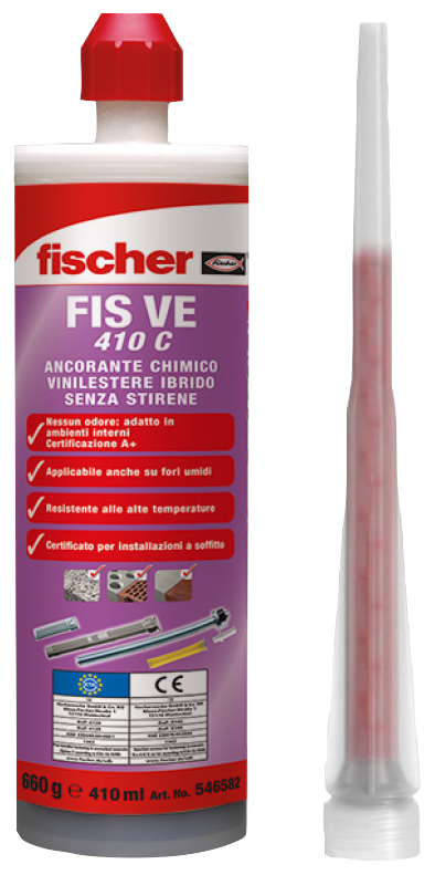 fischer Ancorante Chimico FIS VE 410 C Resina vinilestere ibrido senza stirene (1 Pz.) Resina a iniezione in vinilestere ibrido senza stirene certificata per ancoraggi in calcestruzzo non fessurato e muratura per carichi medio-pesanti.