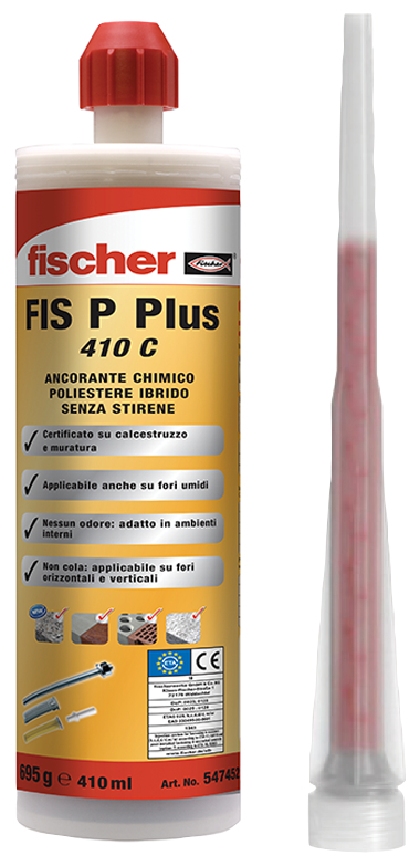 fischer Ancorante Chimico FIS P Plus 410 C Resina Poliestere Ibrido senza stirene (1 Pz.) Resina a iniezione in poliestere ibrido senza stirene certificata per ancoraggi in muratura e calcestruzzo non fessurato per carichi medio-leggeri.