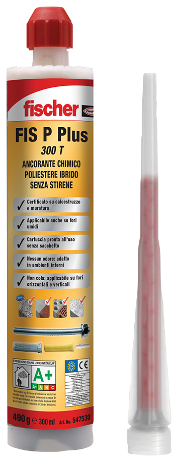 fischer Ancorante Chimico FIS P Plus 300 T Resina Poliestere Ibrido senza stirene (1 Pz.) Resina a iniezione in poliestere ibrido senza stirene certificata per ancoraggi in muratura e calcestruzzo non fessurato per carichi medio-leggeri.