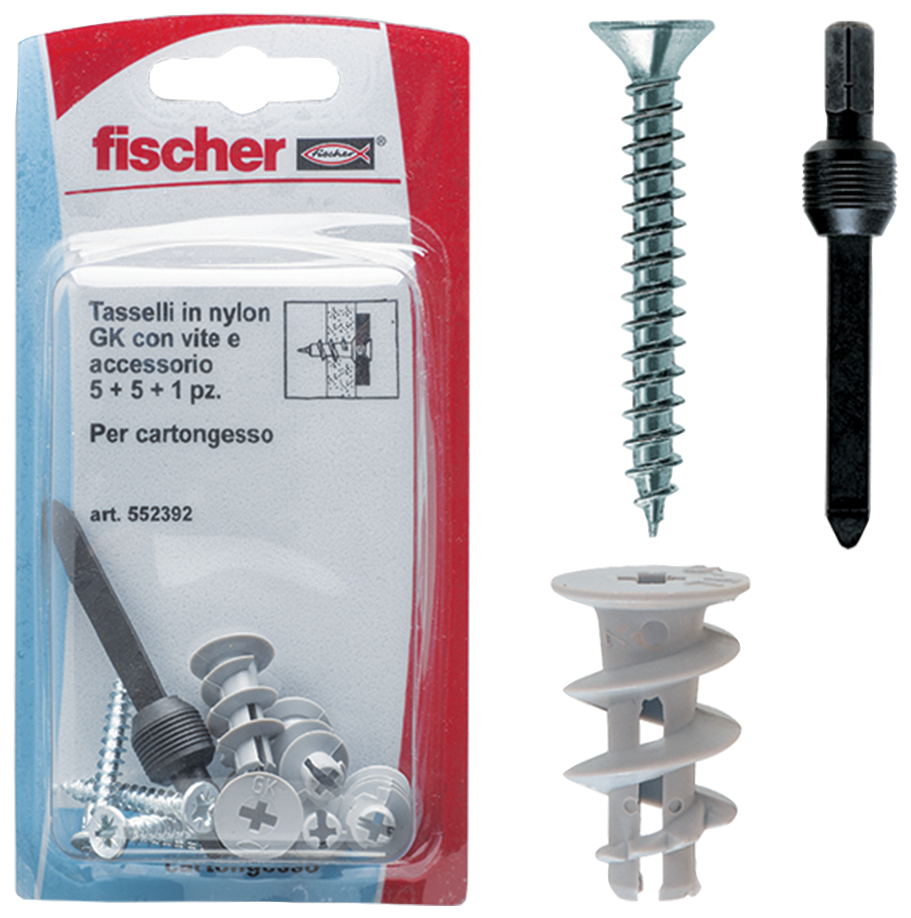 fischer Tasselli cartongesso GK S K con vite (5 Pz.) Tassello in nylon con vite testa svasata piana per cartongesso, in blister fie3706