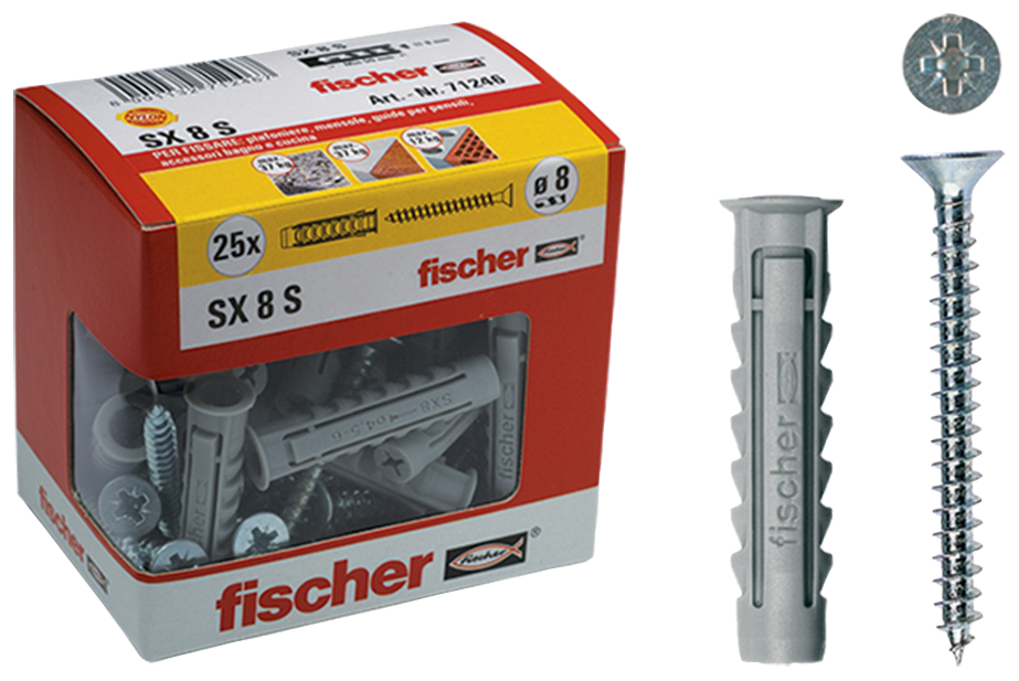 fischer Tasselli SX 8 S Y con vite (25 Pz.) Fissaggio in nylon con vite SX-S Y in scatola di cartone con finestra fie690