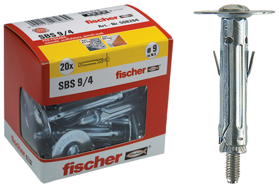 fischer Tasselli in acciaio SBS 9/3 Y con occhiolo chiuso (15 Pz.) Fissaggio metallico a espansione con accessori SBS 9/.. Y in scatola di cartone con finestra (in foto SBS 9/4 Y con vite testa svasata con calotta).