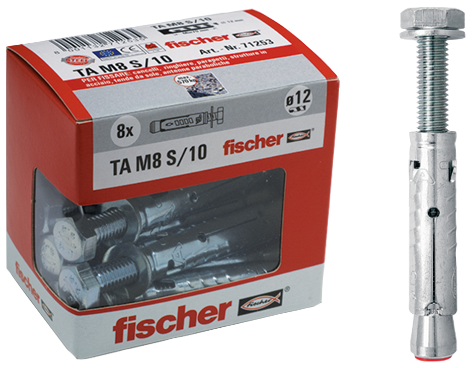 fischer Tasselli acciaio TA M 6 S/10 Y con vite testa esagonale (8 Pz.) Ancorante con corpo espandente con vite testa esagonale TA M-S Y in scatola di cartone con finestra.