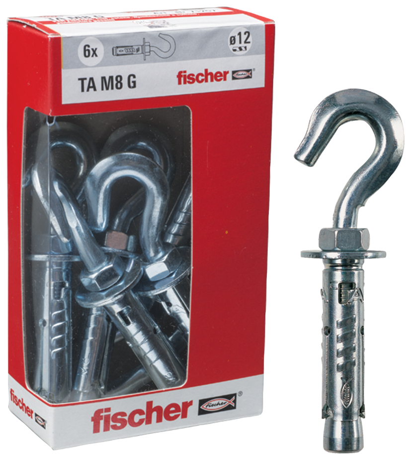 fischer Tasselli acciaio TA M 8 G Y con gancio (6 Pz.) Ancorante multiuso con gancio TA M-G Y in scatola di cartone con finestra.