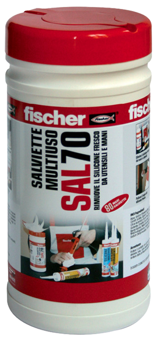 fischer Salviette multiuso SAL70 lava-silicone (1 Pz.) Salviette lavamani in tessuto-non tessuto imbevute di una soluzione detergente composta da tensioattivi di origine vegetale e un agente antibatterico. Senza risciacquo, non lasciano residui e non serve asciugatura. fie710