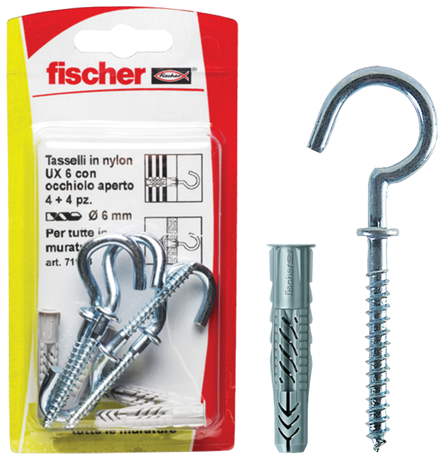 fischer Tasselli UX 6x35 R K con occhiolo aperto (4 Pz.) Fissaggio universale con gancio tondo UX R K in blister.