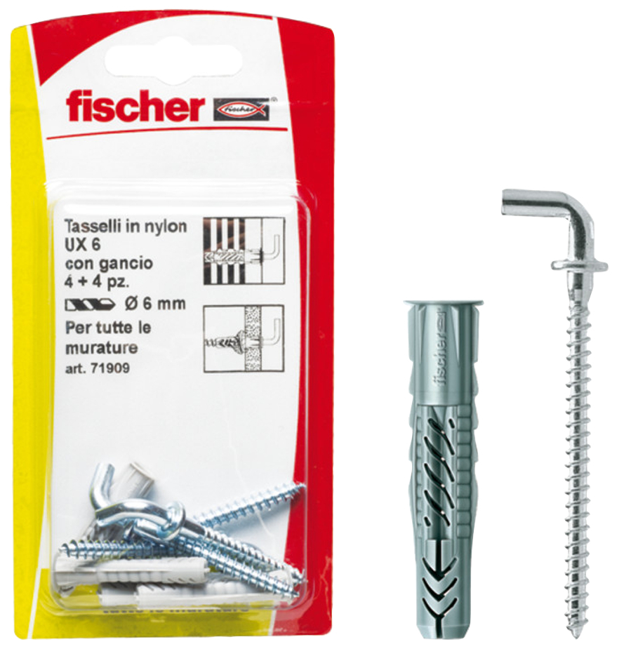 fischer Tasselli UX 6x35 H K con gancio (4 Pz.) Fissaggio universale con gancio UX H K in blister fie775