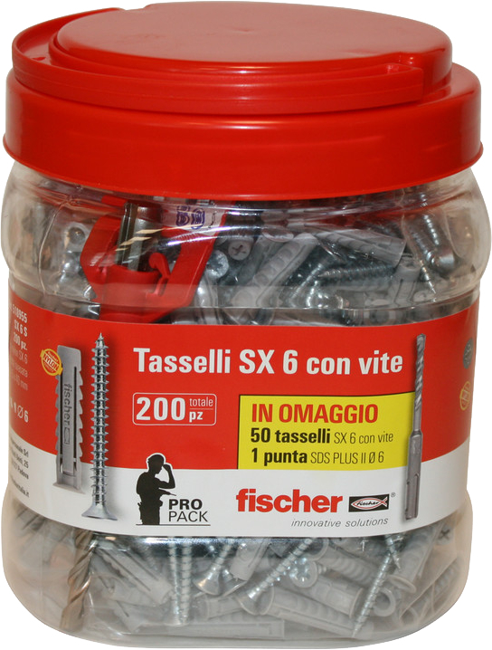 fischer Propack SX 6 S barattolo 200 tasselli con vite + punta SDS (201 Pz.) Tassello in nylon con vite truciolare T.S.P. impronta pozidrive. Barattolo riutilizzabile da 200 pezzi..