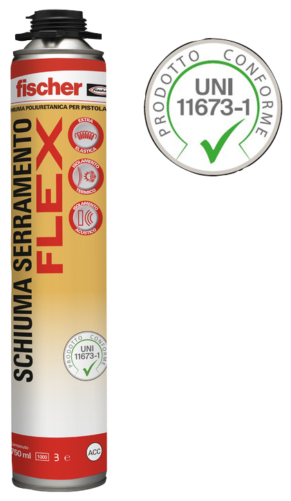 fischer Schiuma per serramenti PUP FLEX poliuretanica extra flessibile a elevato isolamento termoacustico (1 Pz.) Schiuma poliuretanica per serramento extra flessibile a elevato potere di isolamento termoacustico. Prodotto conforme alla UNI 11673. fie3837
