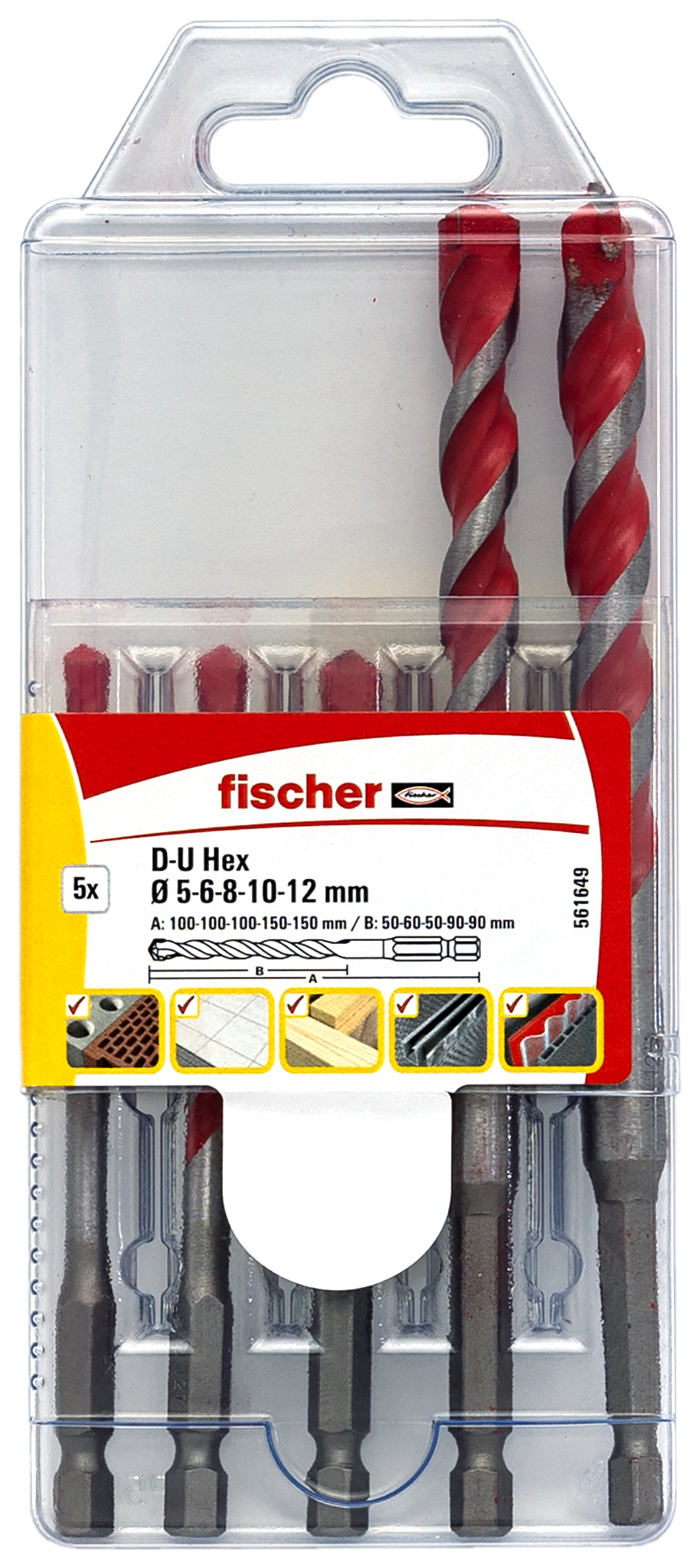fischer Set 5 punte trapano universali D-U HEX 5-12mm per muro, legno, metallo (5 Pz.) fie3936.