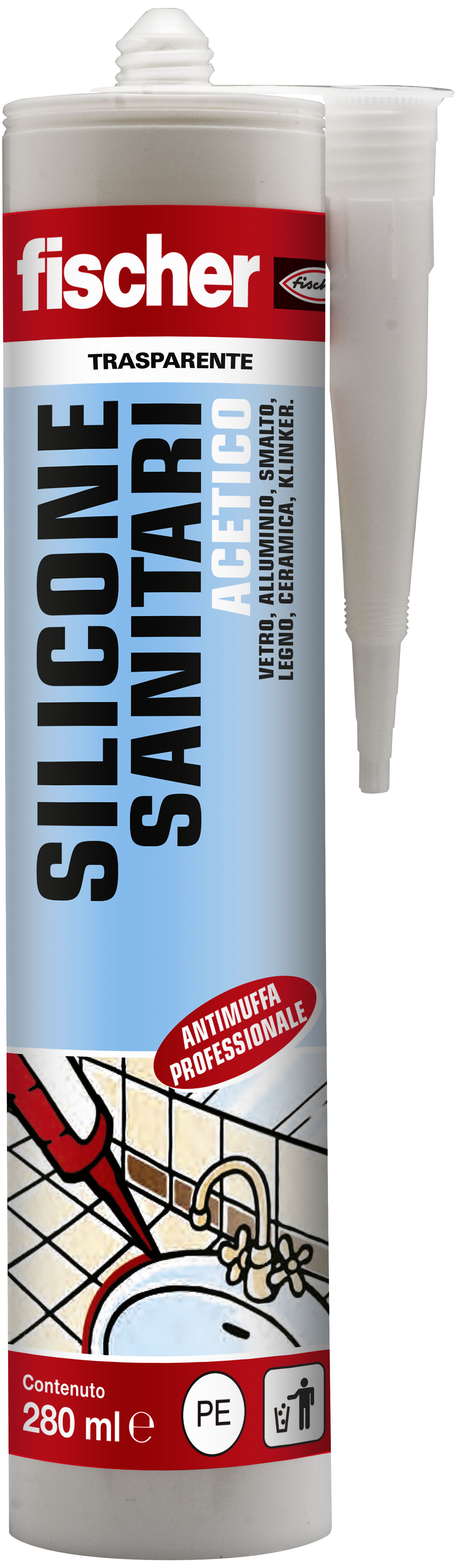 fischer Sigillante acetico sanitari SAS 280 TR - Trasparente (1 Pz.) Sigillante siliconico a base acetica per l'impiego in ambienti sanitari fie75