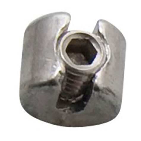 legatoria Fermo cilindrico inossidabile INOX morsetto INOX  AISI 316, per montare ripiani e mobili sospesi. Adatto per cavi diametro 3-4mm. Fissaggio con grani esagonali filettati da 8mm. Diametro esterno 15mm. Il montaggio avviene posizionando il fermo a cavallo in qualunque punto del cavo..