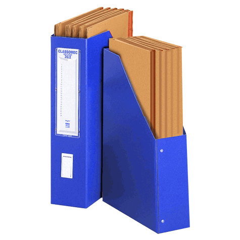 gbc Classificatore Singolo VERTICALE con Custodia Classomec 35-2 Rexel BLU. Completo di 12 cartelline a 3 lembi. Dorso: 8cm. Dimensioni esterne: 26,5x37cm. Dimensioni formato utile: 25x35cm.