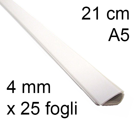 legatoria Dorsetto, dorsino rilegafogli 4mm, BIANCO spessore 4mm, altezza 21cm, rilega fino a 25 fogli.