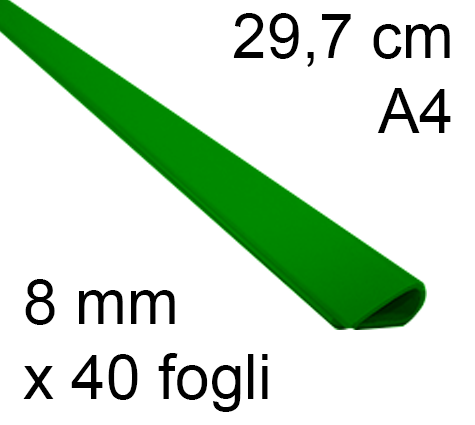 legatoria Dorsetto. dorsino rilegafogli 8mm. VERDE spessore 8mm, altezza 30cm, rilega fino a 40 fogli.
