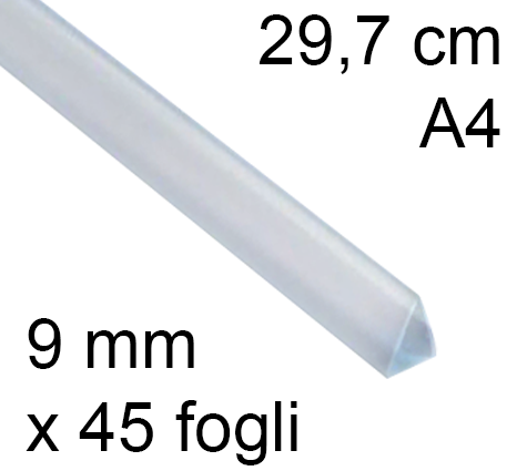 legatoria Dorsetto. dorsino rilegafogli 10mm, TRASPARENTE spessore 9mm, altezza 30cm, TRIANGOLARE, rilega fino a 45 fogli.