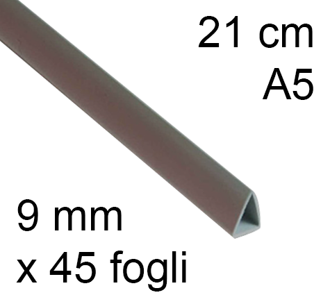 legatoria Dorsetto, dorsino rilegafogli 9mm, GRIGIO spessore 9mm, altezza 21cm, TRIANGOLARE, rilega fino a 45 fogli.