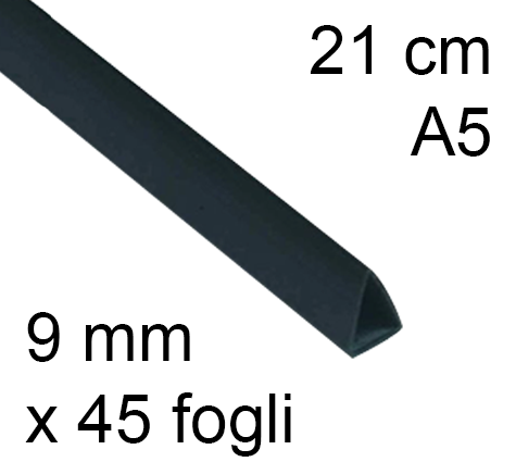 legatoria Dorsetto, dorsino rilegafogli 9mm, NERO spessore 9mm, altezza 21cm, TRIANGOLARE, rilega fino a 45 fogli.