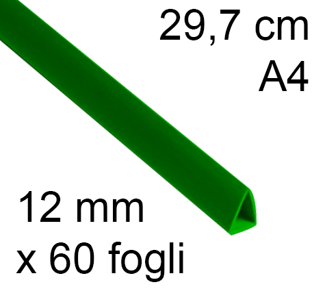 legatoria Dorsetto. dorsino rilegafogli 12mm. VERDE spessore 12mm, altezza 30cm, TRIANGOLARE rilega fino a 60 fogli.