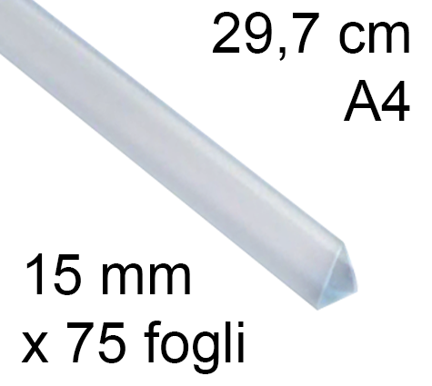legatoria Dorsetto. dorsino rilegafogli 15mm. TRASPARENTE spessore 15mm, altezza 30cm, TRIANGOLARE, rilega fino a 75 fogli.