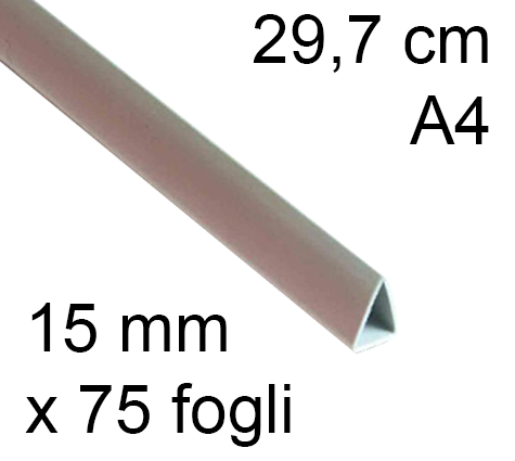 legatoria Dorsetto. dorsino rilegafogli 15mm. BIANCO spessore 15mm, altezza 30cm, TRIANGOLARE, rilega fino a 75 fogli.