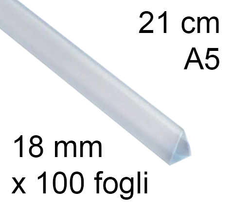 legatoria Dorsetto, dorsino rilegafogli 18mm, TRASPARENTE spessore 18mm, altezza 21cm, TRIANGOLARE, rilega fino a 100 fogli.