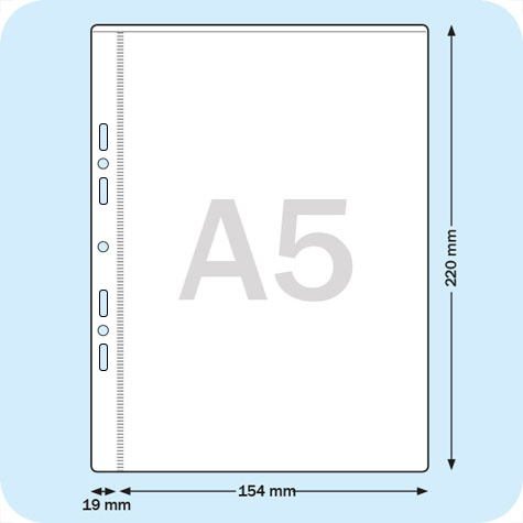 legatoria Busta A5, perforazione universale (20809500) Rinforzo laterale forato, BIANCO. Formato A5 (15x21cm), realizzate in polipropilene trasparente goffrato antiriflesso da 50 micron.