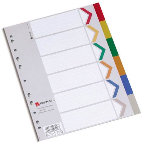 gbc Intercalari 6, tasti colorati in pvc. A4 per intercalare fogli in formato A4 (21x29,7cm). Corredata di indice frontale in cartoncino. Perforazione universale. 6 colori assortiti.