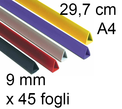legatoria Dorsetto. dorsino rilegafogli 10mm. COLORI ASSORTITI spessore 9mm, altezza 30cm, TRIANGOLARE, rilega fino a 45 fogli.