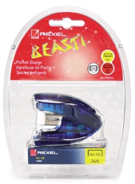 acco Mini Cucitrice tascabile BEASTIE, con levapunti incorporato.  Beastie di Rexel � una minicucitrice tascabile. I colori semitrasparenti e il levapunti incorporato ne fanno uno strumento davvero speciale. Beastie cuce fino a 10 fogli con punti n.56 (26-6) o n.16 (24-6). 52-09L.