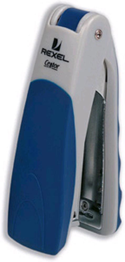 acco Cucitrice a pinza e da tavolo, CENTOR ARGENTO-BLU. Cucitrice da tavolo per piccoli volumi. Imboccatura da 55mm. Carica 105 punti e cuce fino a 20 fogli con punti Rexel n. 56 inclusi nella confezione. Utilizza punti n.56 (26-6) o n.16 (24-6).47-08.