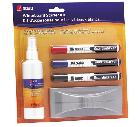 acco Kit di base NOBO per lavagne bianche Tutto ci che occorre per la vostra lavagna bianca: 1 detergente spray da 125ml, 1 cancellino e 3 pennarelli Nobo Whiteboard Marker cancellabili a secco. 1 NERO, 1 BLU, 1 ROSSO.  79-09.