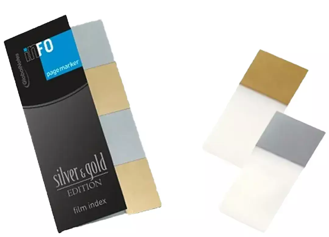 gbc SegnaPagina adesivi PageMarker, OroArgento  Segnapagina in edizione speciale oro e argento su pellicola PET di alta qualit. 50 segnapagina ORO + 50 segnapagina ARGENTO adesivi 20x42,5mm, distribuiti su 4 blocchetti da 25 pezzi. Adesivo a base acqua e senza solventi. MADE IN GERMANY.