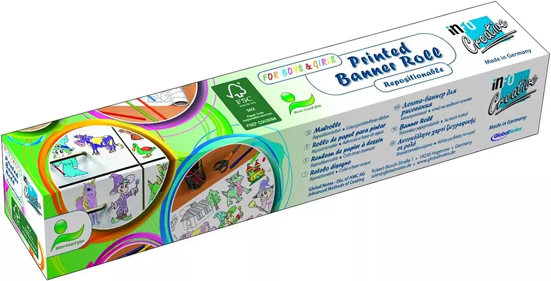 gbc Rotolo Disegno Banner, Bimbi&Bimbe, 300mmX4m PER BAMBINI E BAMBINE. Rotolo Autoadesivo in Carta Removibile alto 30cm e lungo 4 metri da colorare e-o ritagliare. Adesivo atossico specifico per bambini a base acqua. 6 pastelli a cera compresi nella confezione. MADE IN GERMANY.