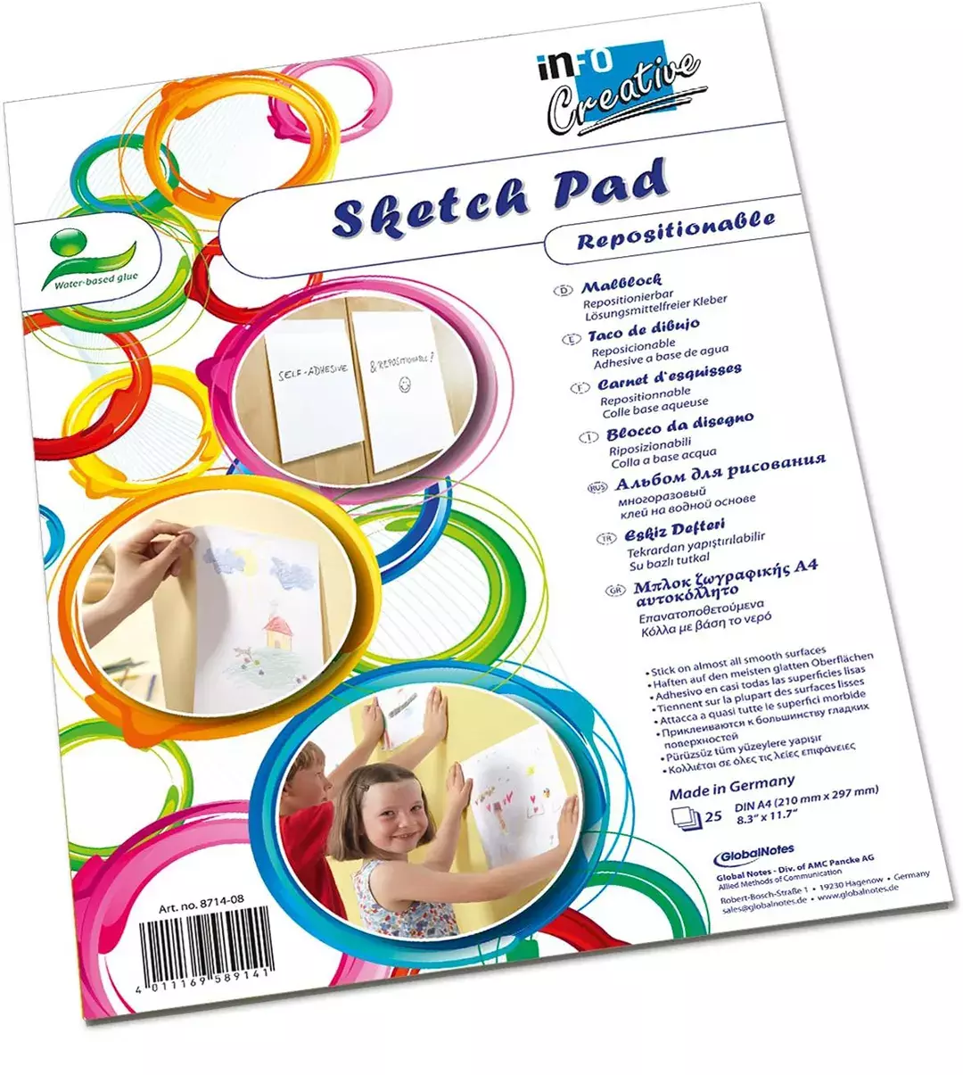 gbc Blocco Fogli Adesivo Removibile, A4 Blocco Fogli con lembo Autoadesivo Removibile alto 210x40mm. Attacca su tutte le superfici. Adesivo atossico removibile a basa acqua specifico per bambini.  MADE IN GERMANY.