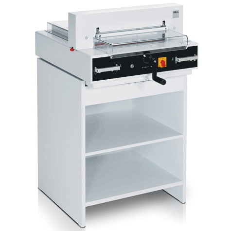 gbc Tagliarisme elettrica IDEAL 4350. Made in Germany luce di taglio 430 mm, pressino automatico, profondit del tavolo 435 mm, avanzamento elettromeccanico. Taglio sequenziale 35 mm. piano di lavoro 355x640x870. taglia fino a 40 mm. Alimentazione: 230V-50Hz-0.45kW. Tavolo opzionale..