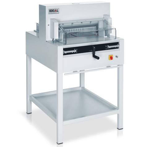 gbc Tagliarisme elettrica IDEAL 4850. Made in Germany luce di taglio 475 mm, pressino automatico, profondit del tavolo 458 mm, avanzamento elettromeccanico. Taglio sequenziale 30 mm. piano di lavoro 1296x762x1053. taglia fino a 80 mm. Alimentazione: 230V-50Hz-1.42kW..